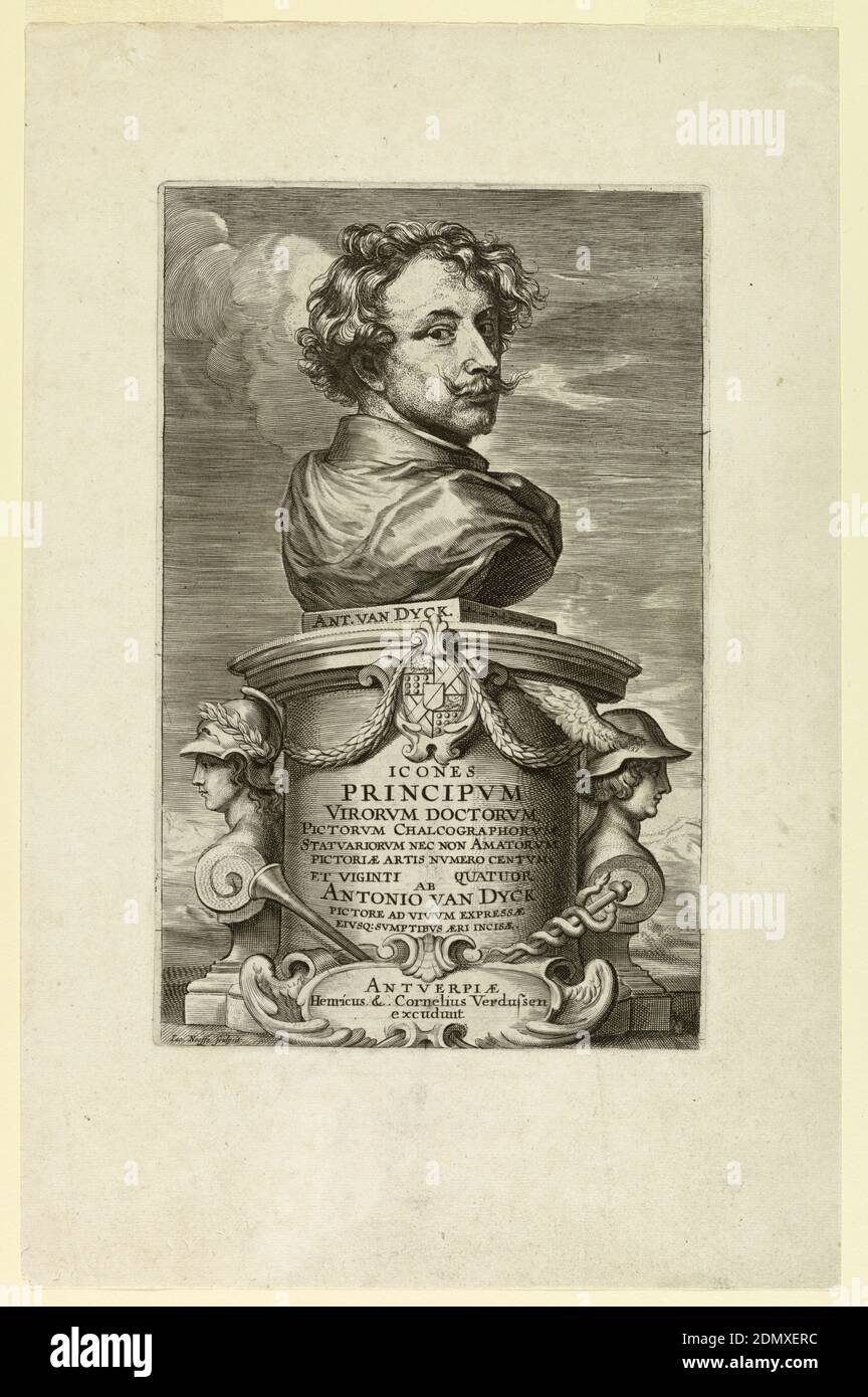 Autoritratto di Anthony van Dyck, Anthony van Dyck, Netherlandish, 1599 – 1641, Jacobus Neeffs, Fiammingo, 1610 - ca. 1660, incisioni su carta in inchiostro nero, su un piedistallo si erge ritratto di van Dyck. È concepito come una figura scolpita, vista dal retro con la testa, capovolta sulla spalla destra, in vista laterale., Olanda, 1720, Stampa Foto Stock