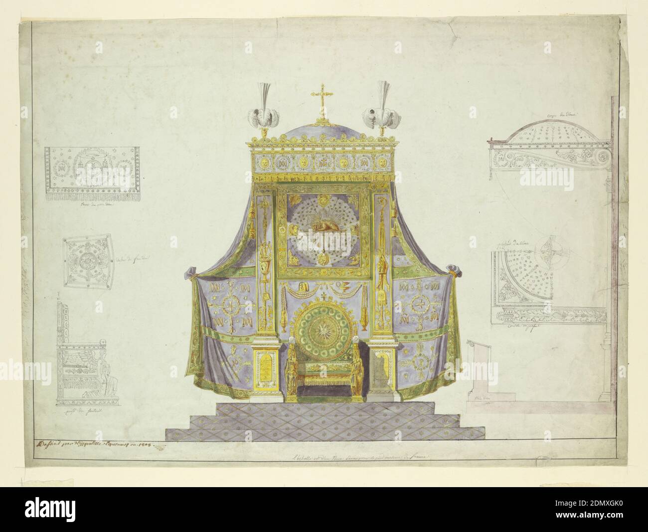 Trono e tettoia dell'Arcivescovo; sei studi separati per un Trono, Prie-Dieu, E Canopy, Hippolyte-François Joseph Equennez, 1772 – 1854, penna e inchiostro nero, pennello e acquerello, gouache bianco, tracce di gesso nero, bordo rigato in penna e inchiostro nero su carta bianca pesante, elevazione di un trono elaborato e baldacchino al centro, resa a colori; elevazione laterale del tettuccio, in linea, a destra. Elevazione laterale del trono e altri dettagli, in linea, a sinistra. La tettoia è composta da una cupola piatta, supportata posteriormente da pilastri ionici, non supportati anteriormente. Cupola sormontata da croce e pennacchi Foto Stock