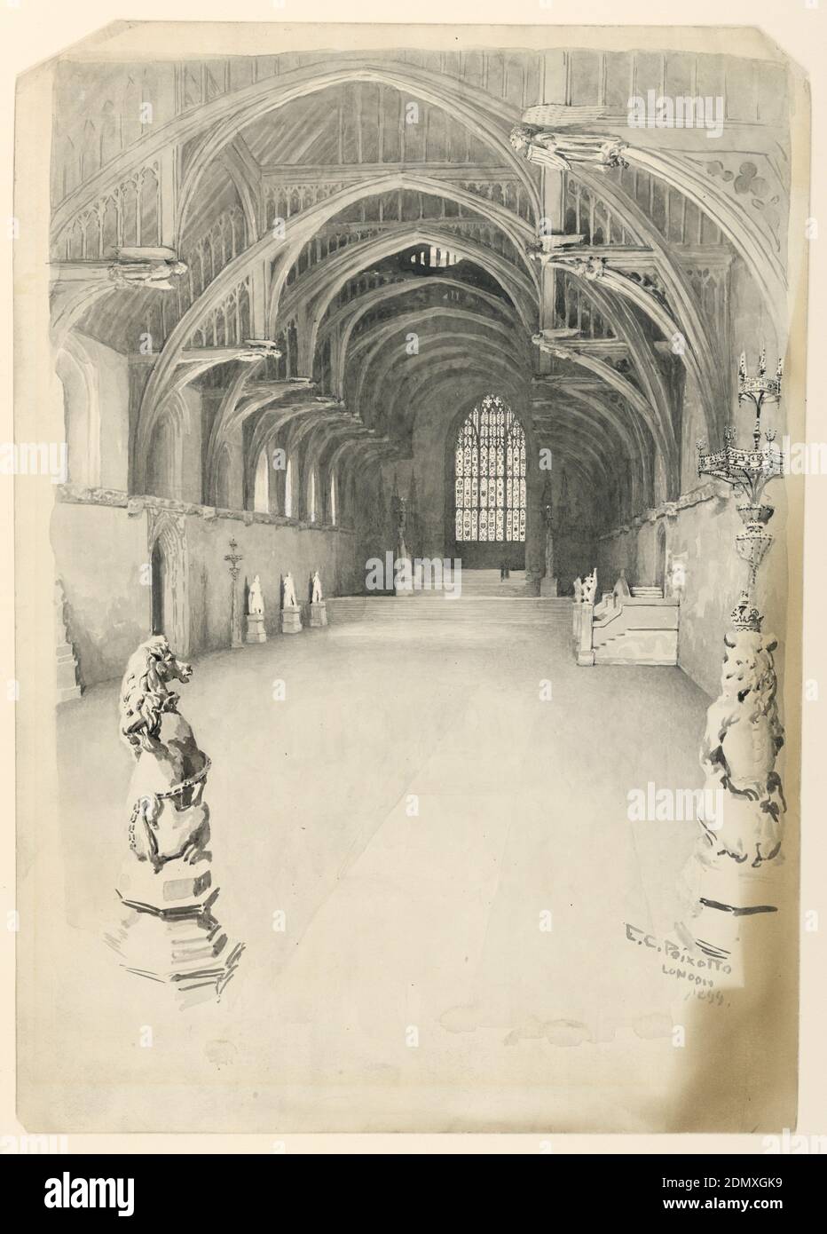 Interno di Westminster Hall, Ernest Clifford Peixotto, americano, 1869–1940, i figli di Charles Scribner, New York, New York, USA, pennello e acquerello grigio su carta, interno della sala, che mostra il tetto a martelli., USA, 1899, architettura, interni, disegno Foto Stock