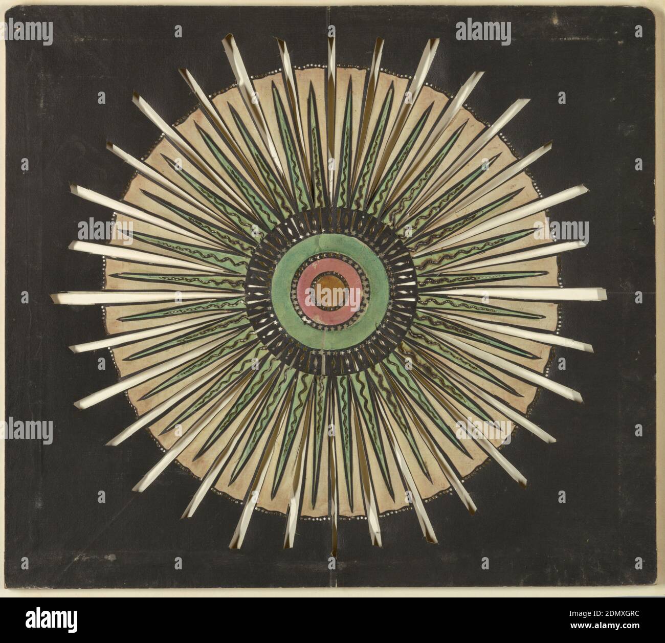 Luna, carta tagliata su telaio in legno, slide lanterna magica, giocattolo ottico. Su campo nero, disco giallo al centro, circondato da cerchi rosa, verde e nero alternati a cerchi di stelle e punti perforati. Irradiando verso la circonferenza, trentadue raggi forati alternati a trentadue raggi bianchi impostati con raggi verdi triangolari forati in forme serpentine., Savoy, Francia, ca. 1780, giocattoli e giochi, slide Lanterna, slide Lanterna Foto Stock