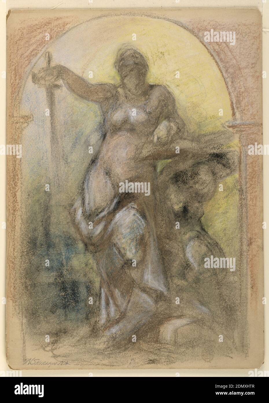 Design for a Wall Decoration, Walter Shirlaw, americano, b. Scotland, 1838–1909, pastello su carta, UNA donna viene mostrata dalla parte anteriore, in piedi e appoggiata con il braccio sinistro su un libro, che giace su una scrivania di lettura scultorea., USA, 1875–80, figure, disegno Foto Stock