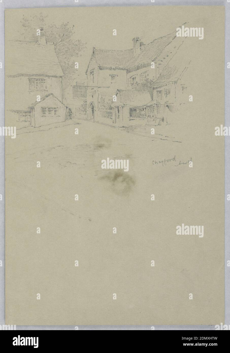 Chagford, Arnold William Brunner, cucina americana, 1857–1925, grafite su carta verde-grigia, vialetto che conduce ad un grande cottage, in alto sfondo. Destra tre cottage, uno a sinistra., Stati Uniti, 1870–80, paesaggi, disegno Foto Stock
