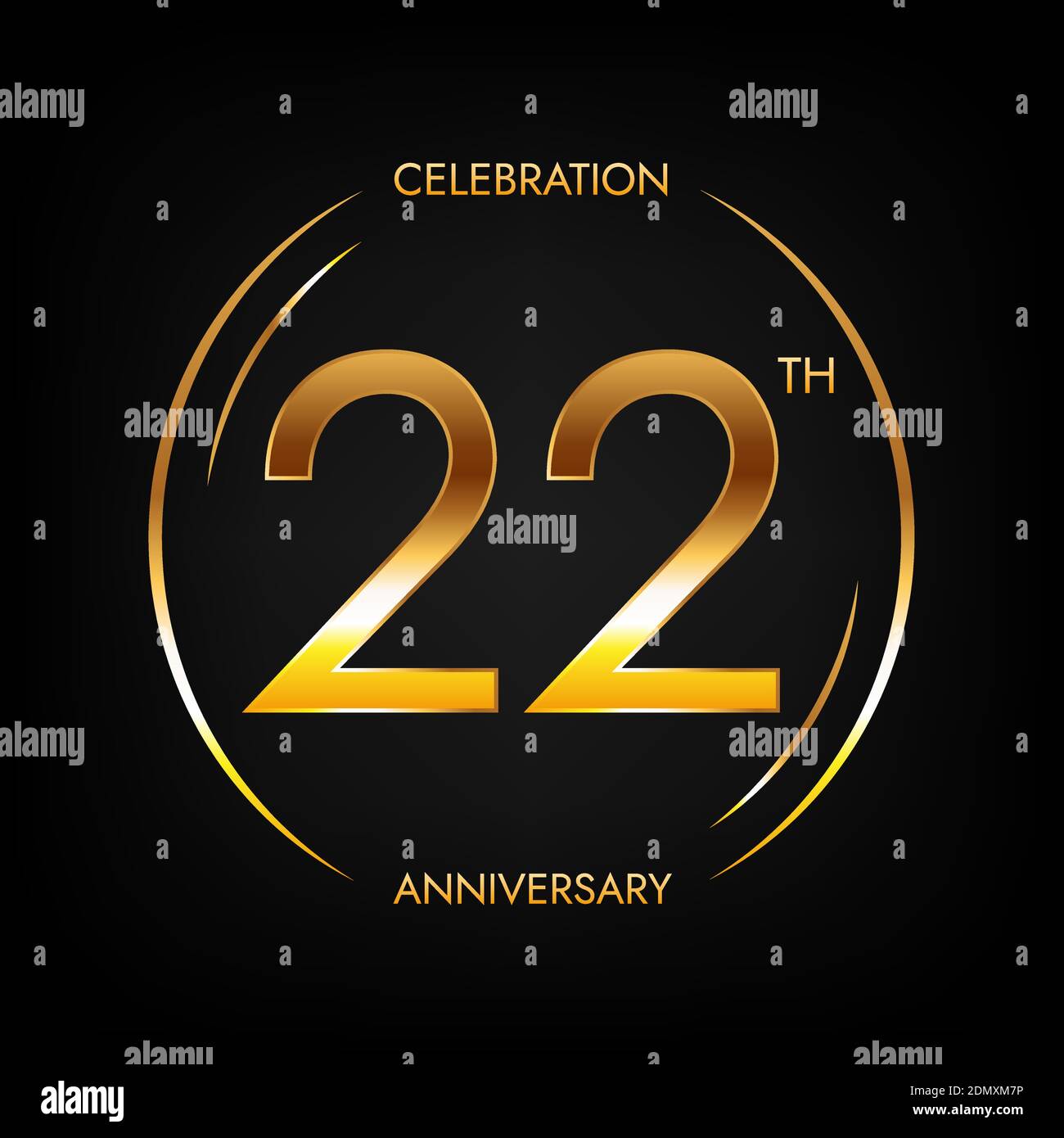 22° anniversario. Ventidue anni di festa di compleanno banner in colore dorato brillante. Logo circolare con elegante design numerico. Illustrazione Vettoriale