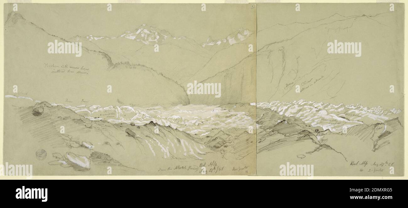 Ghiacciaio dell'Aletsch superiore con il Grande Fusshorn, Frederic Edwin Church, americano, 1826–1900, grafite, pennello e gouache bianco su carta grigia, studio orizzontale del ghiacciaio dell'Aletsch su due fogli di carta (-a & -b). Il foglio mostra circa due terzi della vista. Il ghiacciaio si trova in primo piano sullo sfondo di pendii di montagna, con l'alta gamma nella parte posteriore. Il Fusshorn sorge al centro di sinistra, mentre il Rothhhhorn si trova al centro dello sfondo. Notazioni dappertutto, compreso: 2; rotto con le sporgenze arrotondate / alberi sparsi, pietre, ecc.; scuro; alberi; grigio / ghiaia Foto Stock