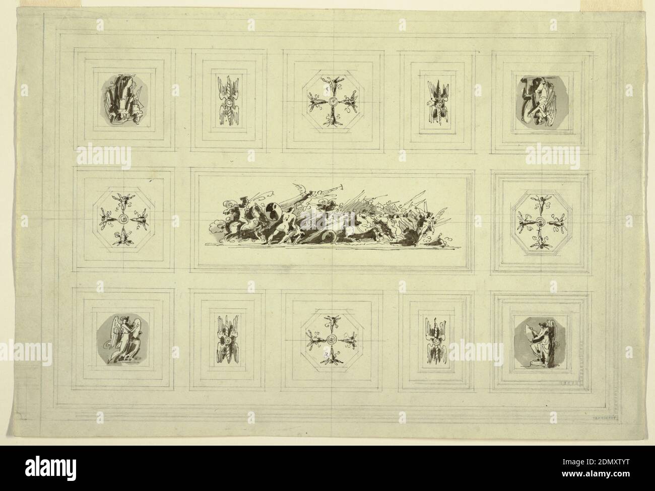 Pensile dedicato alla Guerra, Palazzo Quirinale, Roma, Felice Giani, Italiano, 1758–1823, penna e inchiostro grigio scuro, pennello e lavaggio grigio su linee rigate di gesso nero su carta wove verde-beige chiaro, soffitto diviso in 8 scomparti quadrati e 5 rettangolari, ciascuno con motivo centrale. Pannello centrale orizzontale rettangolare mostra Triumph of War: A sinistra, guerriero montato in armatura classica combatte soldato; al centro, guerriero in carro trainato da cavalli e sopra Vittoria con tromba; a destra, altri combattenti di opposizione e Vittoria con tromba. Vittorie in pannelli quadrati a quattro angoli Foto Stock