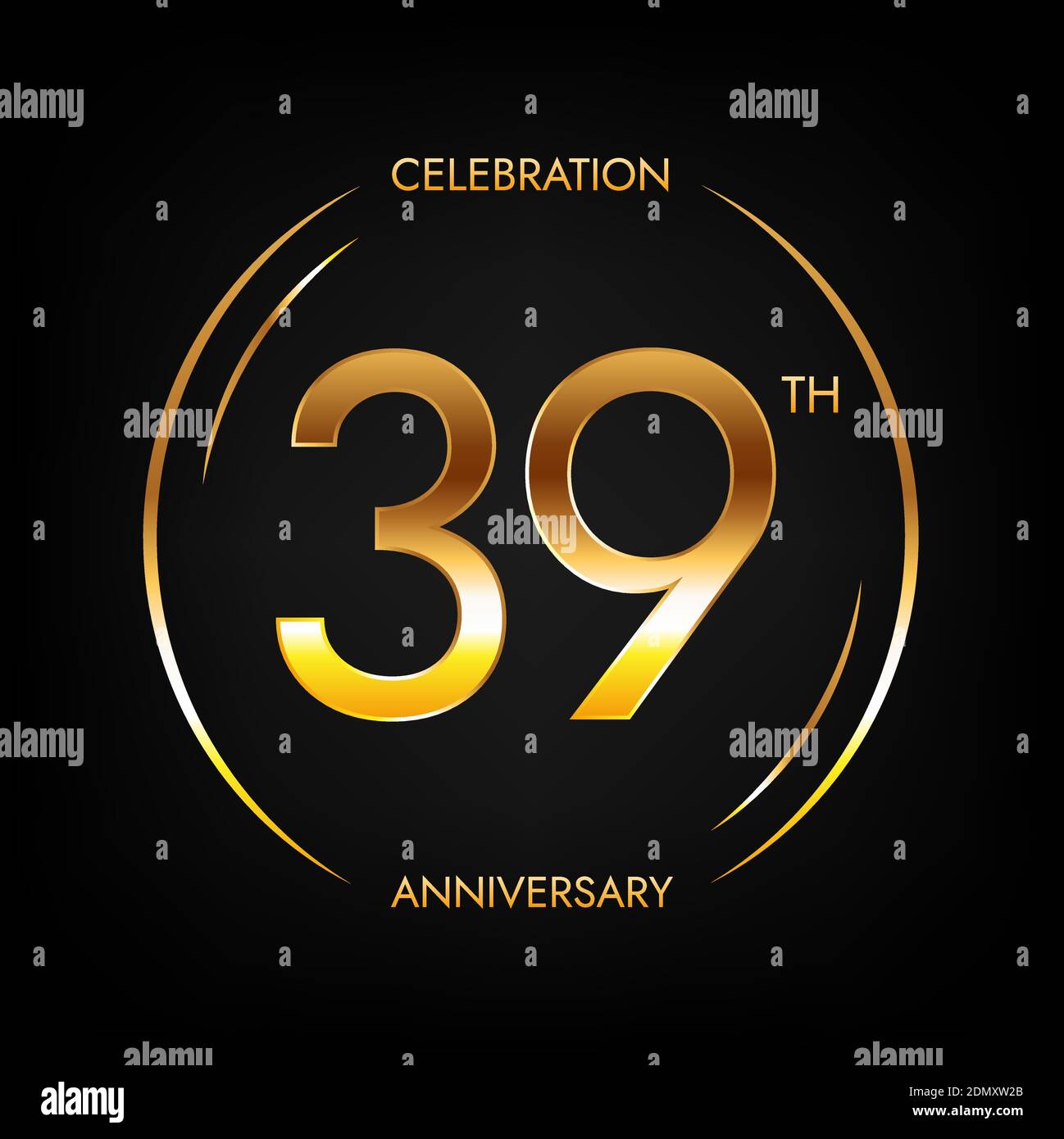 39° anniversario. Banner festeggiamenti di trentanove anni in colore dorato brillante. Logo circolare con elegante design numerico. Illustrazione Vettoriale