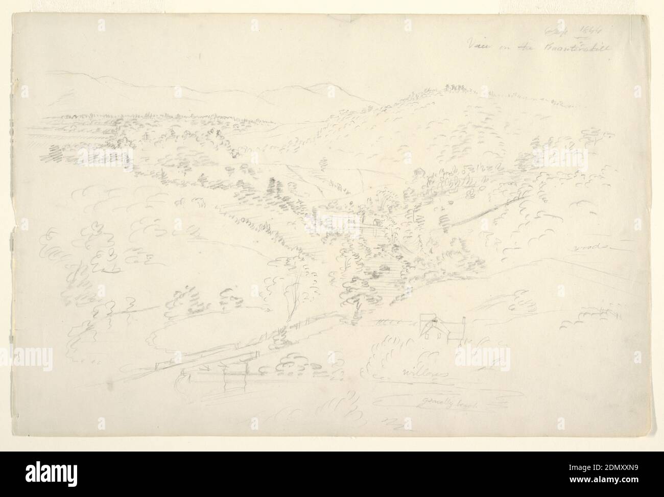 Schizzo di un paesaggio di Catskill (Vista del Kaanterkill), Frederic Edwin Church, americano, 1826–1900, grafite su white paper, recto: Un ampio paesaggio collinare vista, con un ruscello al centro, che scorre in primo piano. Case mostrate. Data, in alto a destra: '1844' e sotto: 'Vista della Kaanterskill'. In basso a destra: 'Boschi,' 'spiaggia ghiaiosa.' Verso: Un contadino visto dalla parte posteriore (mostrato due volte) e un grande albero in foglia. Datato, centro: 'Ott 1844.', USA, Settembre 1844, Paesaggi, disegno Foto Stock