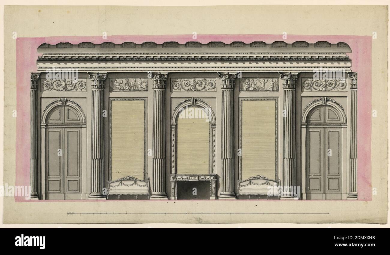 Design per un ingresso salone, penna e inchiostro, pennello e giallo, colore acqua rosa, grafite su carta, Francia, 1790-1800, disegno Foto Stock