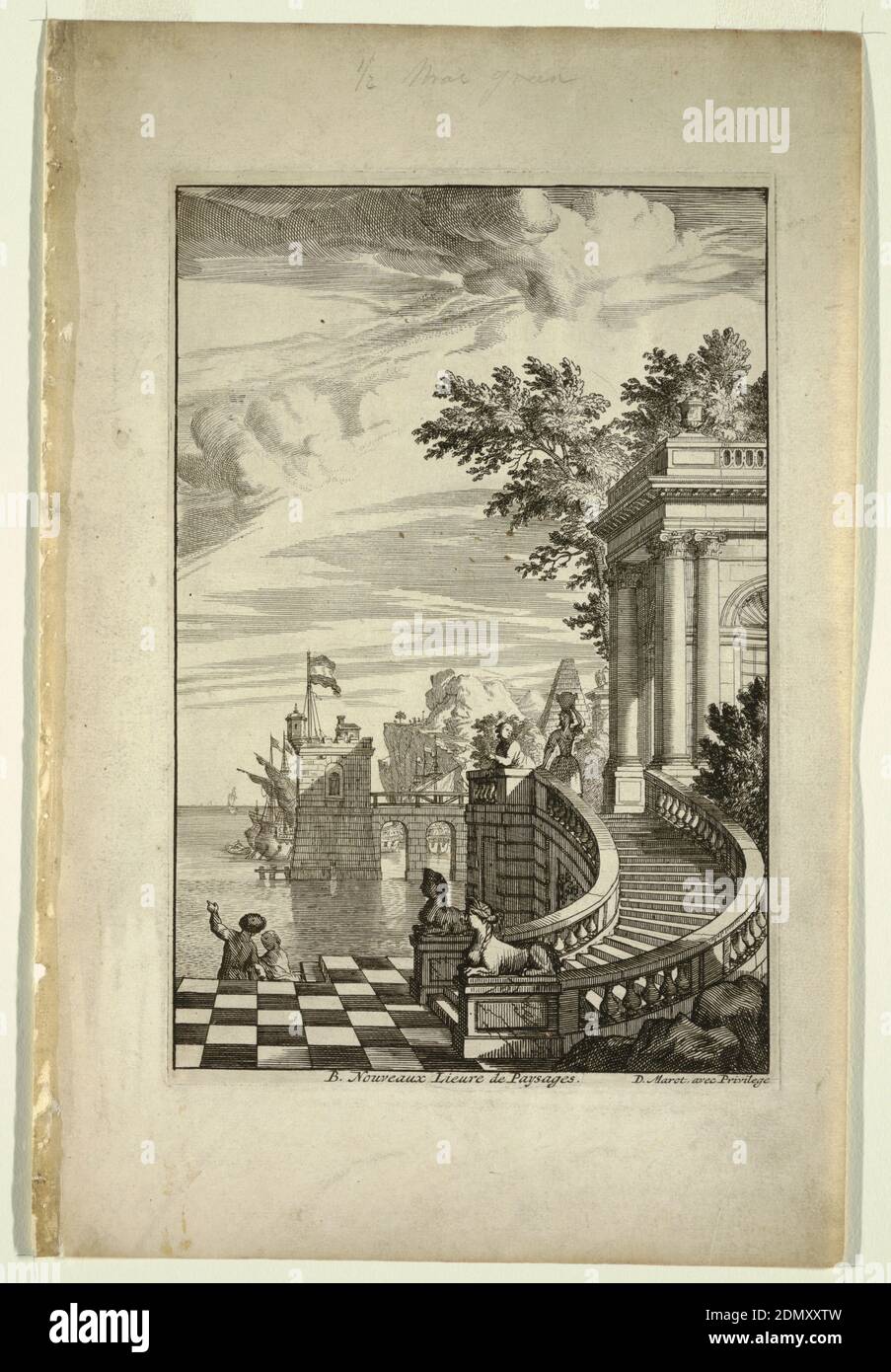 Title Page, Nouveaux Livre de Paysages (nuovo libro di Paesaggi), Daniel Marot, francese, attivo nei Paesi Bassi e in Inghilterra, 1661–1752, incisione e incisione su carta bianca, sulla destra, scale, con pavimento a scacchi e sfingi, conducono alla costruzione. A sinistra, vista sul mare, una nave e porto, un molo. Persone visibili ovunque., Paesi Bassi, ca. 1700, architettura, Stampa Foto Stock