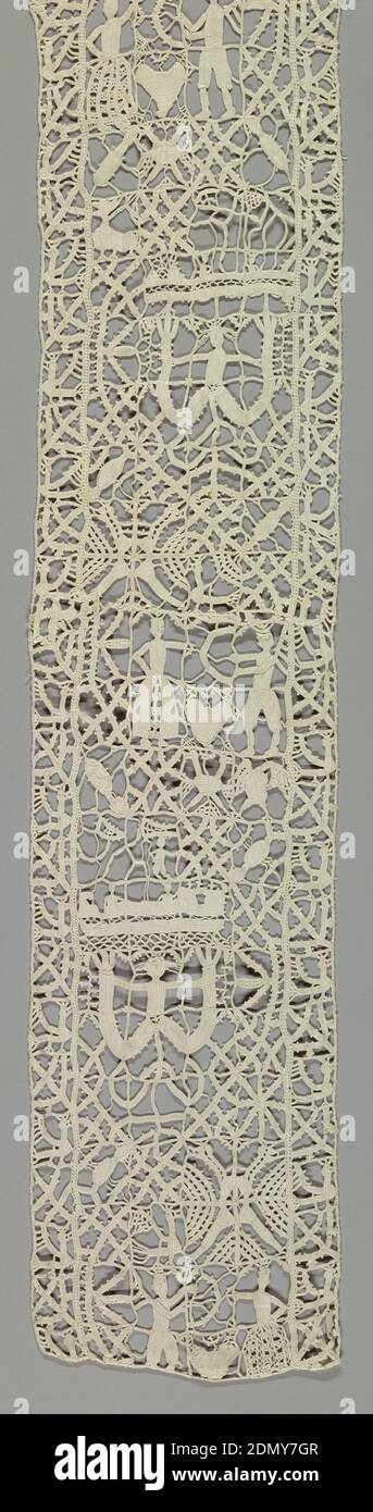 Band, Medium: tecnica lino: Griglia di elementi ritirati lavoro con merletto a niddle, stile reticella, banda lavorata in una serie di piazze contenenti vari motivi come una sirena con uno stag, Cupido, figure incoronate e una nave., Italia, XVII secolo, merletto, banda Foto Stock