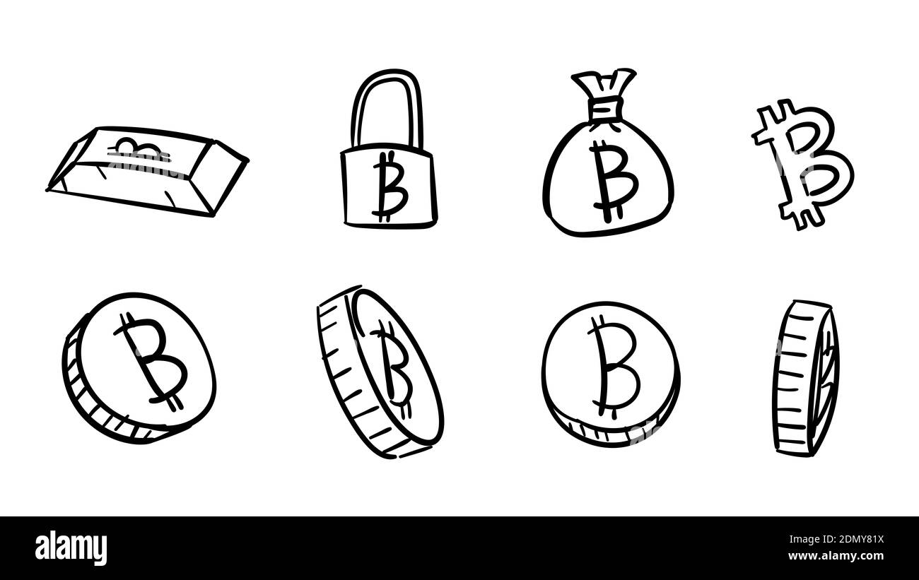 Simboli bitronin business neri disegnati a mano. illustrazione dei soldi 2d con stile di disegno doodle Foto Stock