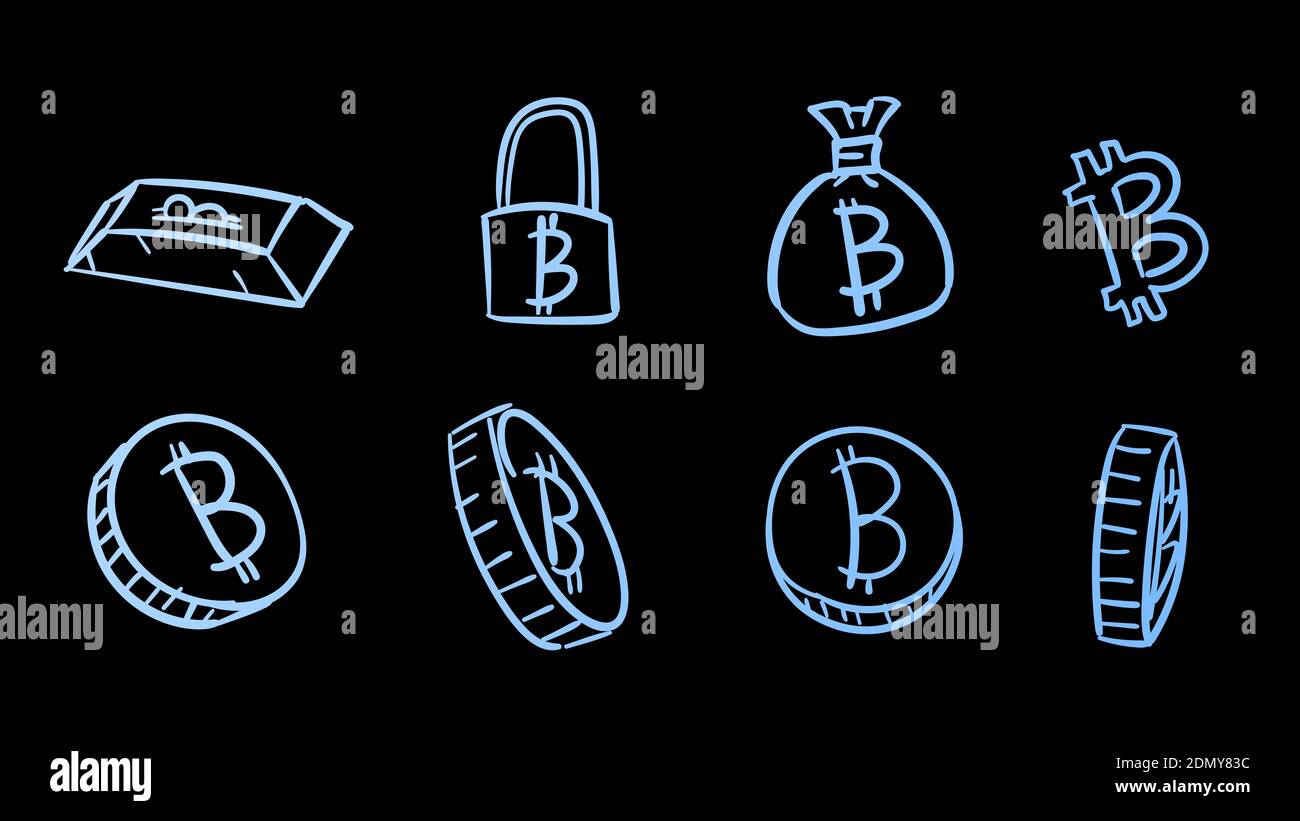 Simboli bitronin blu disegnati a mano. illustrazione dei soldi 2d con stile di disegno doodle Foto Stock