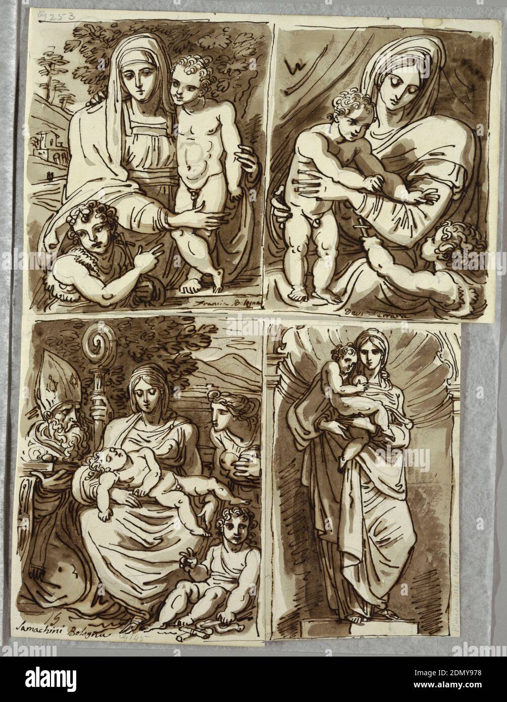 Madonna col Bambino e San Giovanni, Studio dopo Francia; Madonna col Bambino con San Giovanni, Studio dopo Dossi; Madonna col Bambino con San Giovanni, Vescovo San Appolonia; Madonna col Bambino a Niche, Studio dopo la scultura di Salvator Mundy, Felice Giani, Italiano, 1758–1823, penna e inchiostro, pennello e lavaggio marrone, gesso nero su carta bianca pesante in wove, disegno in alto a sinistra di Madonna con Bambino in piedi, San Giovanni in basso a sinistra, che indica il Bambino. Disegno in alto a destra di Madonna con Bambino in piedi che raggiunge San Giovanni in basso a destra. Disegno in basso a sinistra di Madonna con Bambino addormentato, San Giovanni Foto Stock