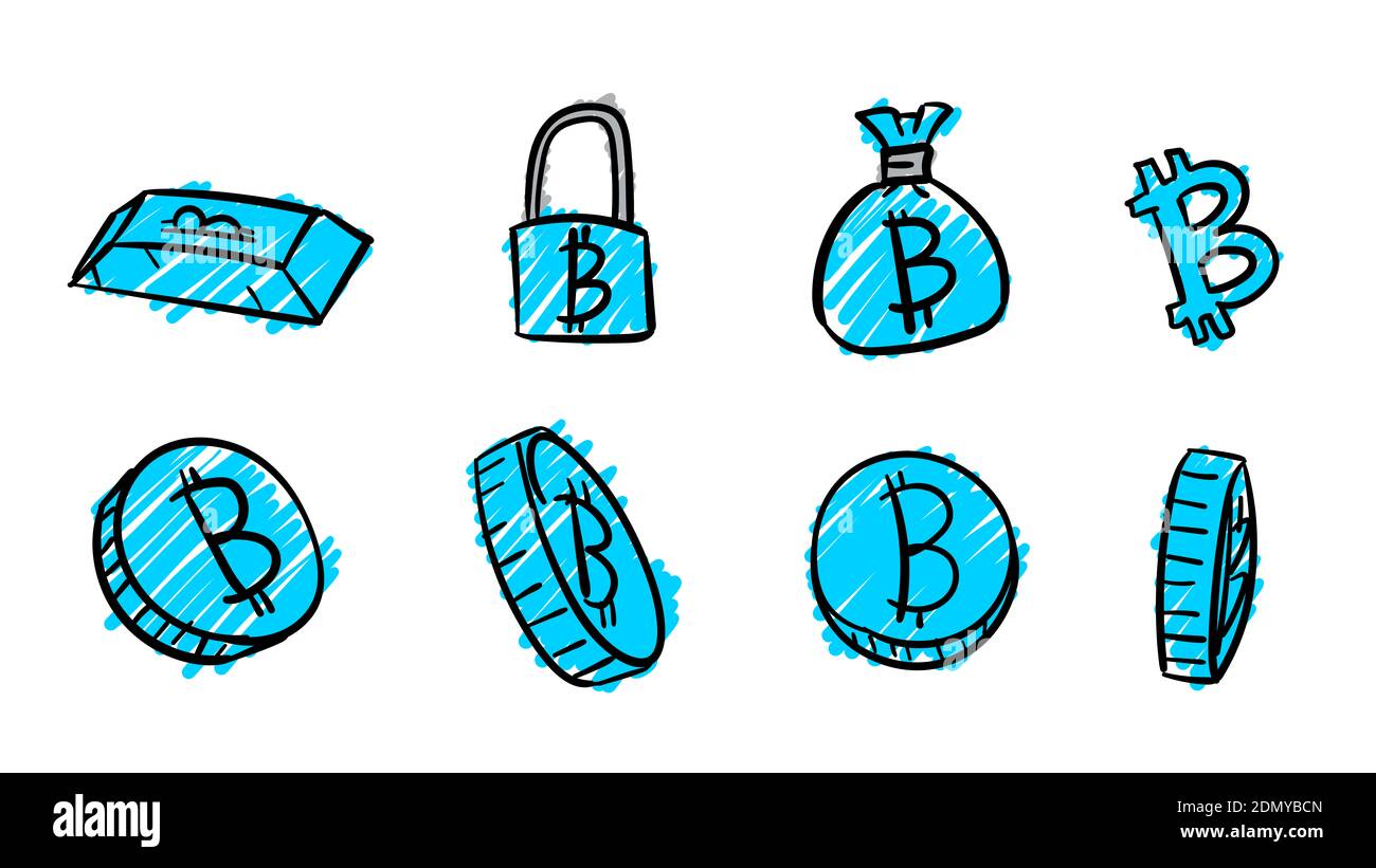 Simboli bitronin azure business disegnati a mano. illustrazione dei soldi 2d con stile di disegno doodle Foto Stock