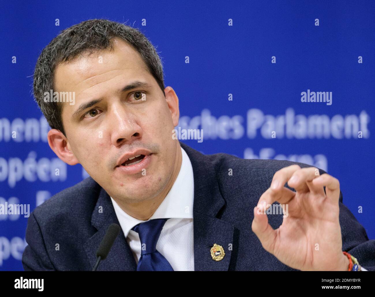 Belgio, 22 gennaio 2020. Il leader dell'opposizione venezuelana Juan Guaido a Bruxelles incontra il capo della politica estera dell'Unione europea Foto Stock