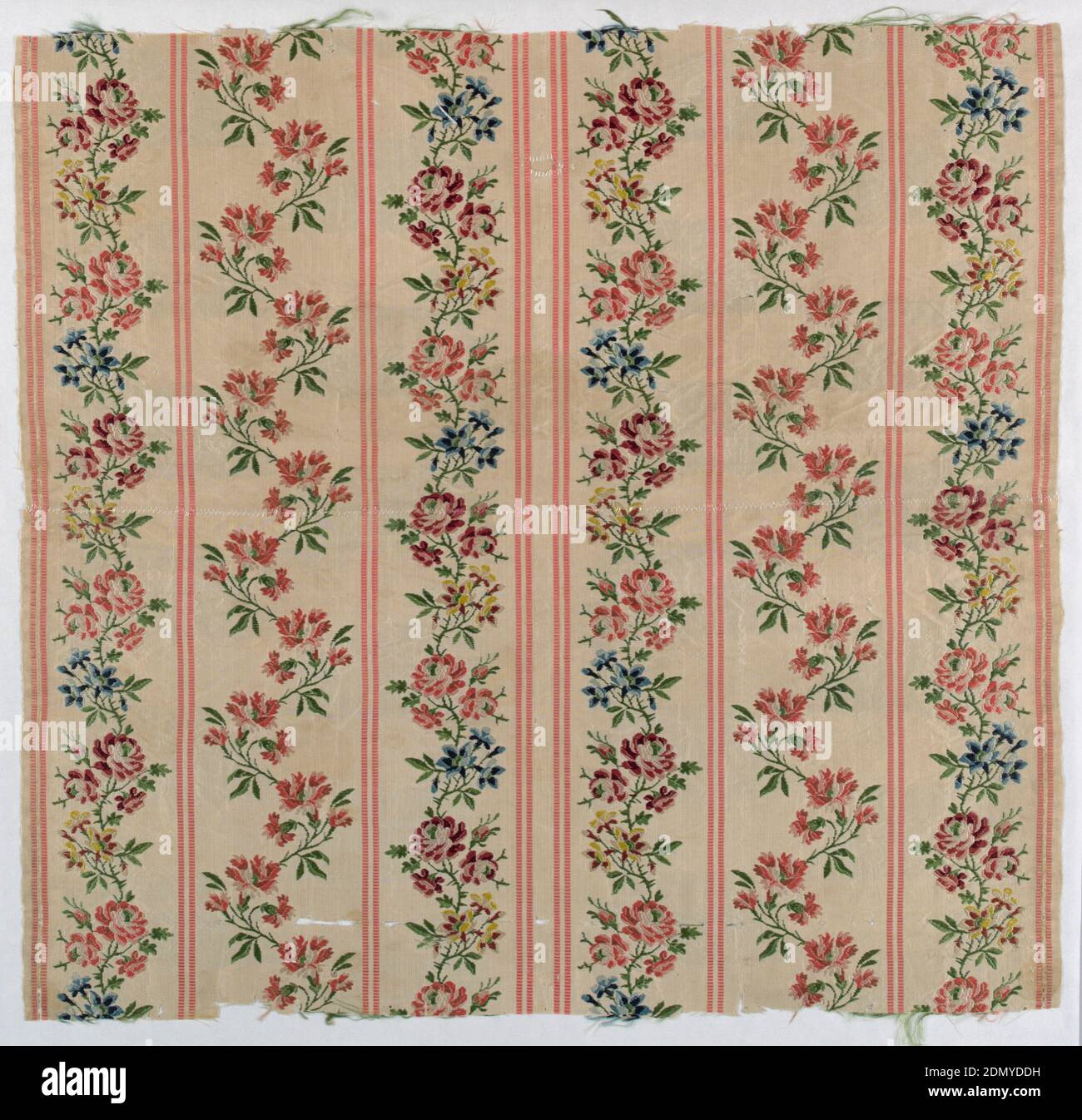 Tessile, Medio: Seta tecnica: Tessitura composta semplice con trama supplementare, striature rosa ordito-costolate che creano serpentine floreali di fiori luminosi e multicolori su un terreno color crema., Francia, ca. 1775, tessuti, tessuti Foto Stock