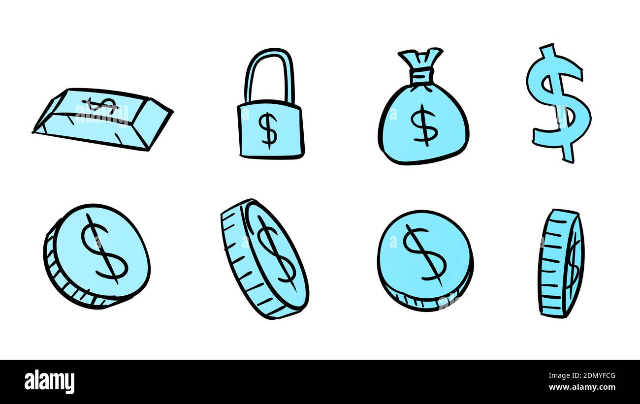 Simboli del dollaro di affari azzurrati disegnati a mano. illustrazione dei soldi 2d con stile di disegno doodle Foto Stock