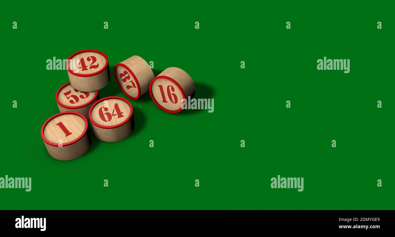 Rendering 3D di numeri bingo napoletani in legno sul gioco verde tabella Foto Stock