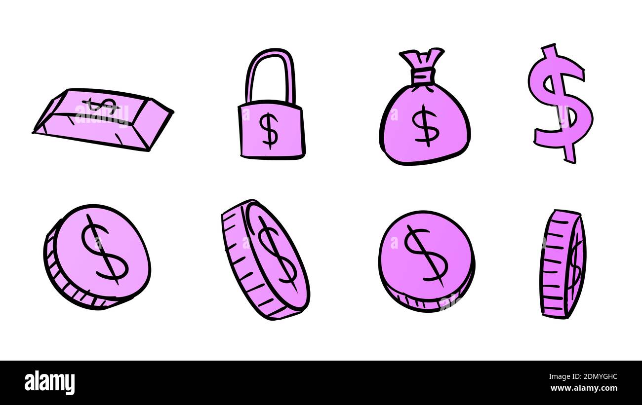 Simboli del dollaro di affari viola disegnati a mano. illustrazione dei soldi 2d con stile di disegno doodle Foto Stock