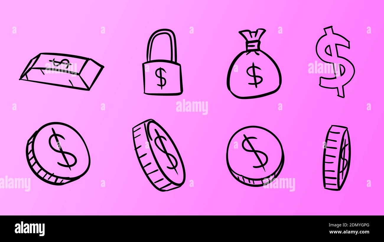 Simboli del dollaro di affari viola disegnati a mano. illustrazione dei soldi 2d con stile di disegno doodle Foto Stock