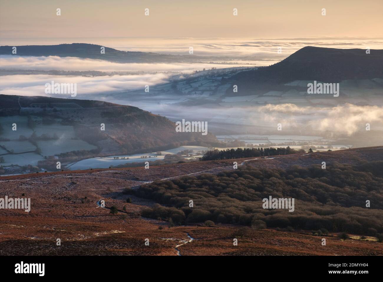 Nebbia mattutina nelle Black Mountains del Galles del Sud. Foto Stock