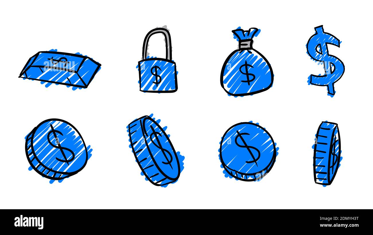 Simboli blu del dollaro di affari disegnati a mano. illustrazione dei soldi 2d con stile di disegno doodle Foto Stock