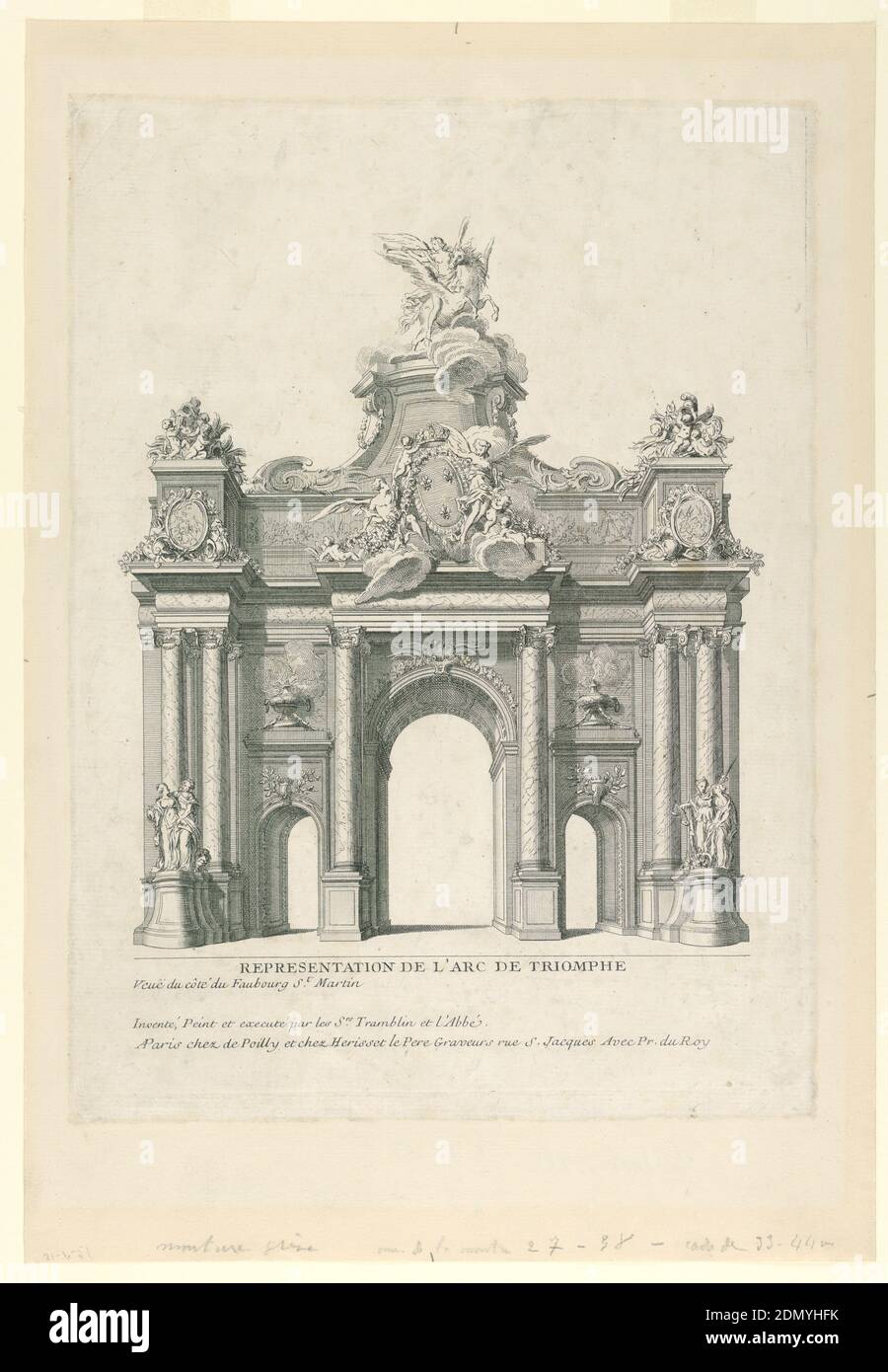 Elevazione di un arco Trumphal temporaneo, Nicolas Jean-Baptiste de Poilly, francese, 1712–dopo il 1758, Antoine Hérisset, francese, 1685 - 1769, Charles André Tramblin, francese, attivo metà del XVIII secolo, Joseph Labbé, incisione con parti incise su carta, Arco eretto a causa di un evento festivo nella famiglia reale. Arco con tre aperture, che mostra al centro della soffitta uno stemma reale francese, animali e putti, e in cima una statua di un genio su Pegaso., Francia, ca. 1750, Stampa Foto Stock