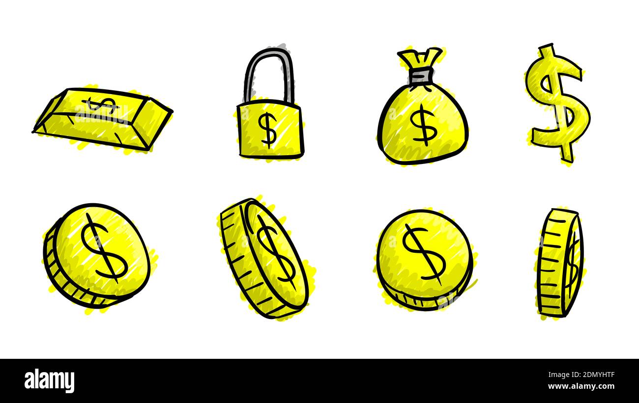 Simboli del dollaro di affari gialli disegnati a mano. illustrazione dei soldi 2d con stile di disegno doodle Foto Stock