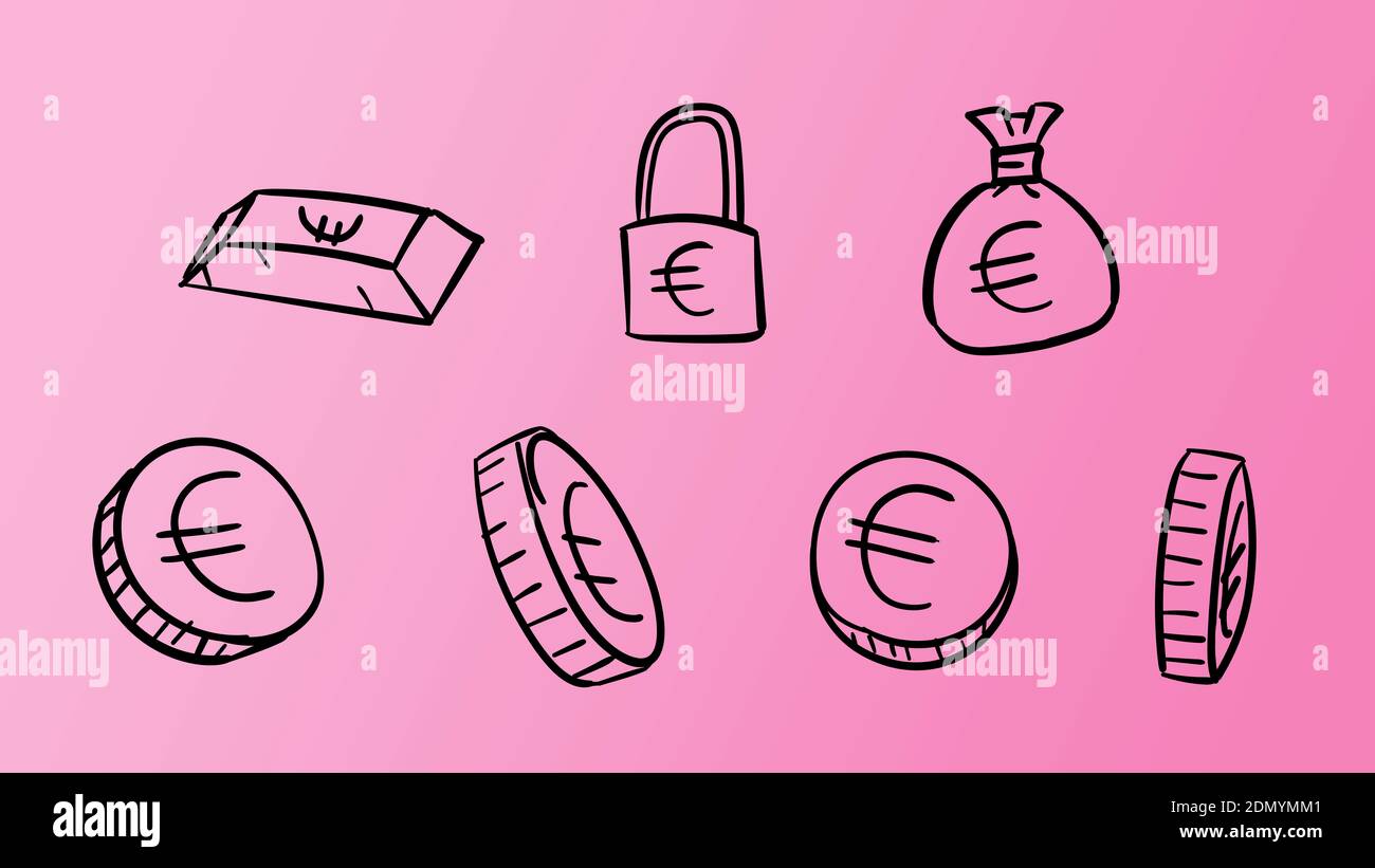 Simboli dell'euro di affari rosa disegnati a mano. illustrazione dei soldi 2d con stile di disegno doodle Foto Stock