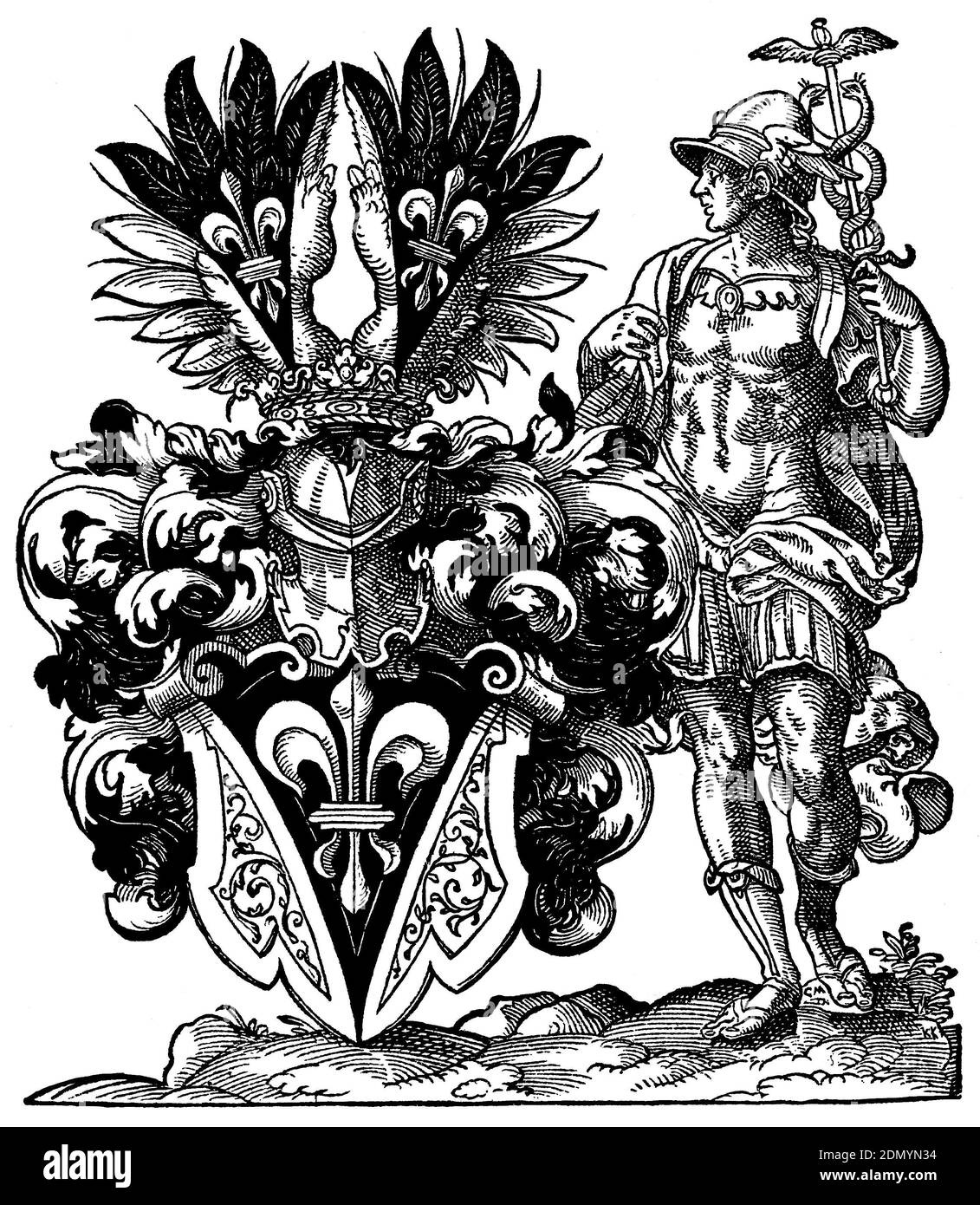 Stemma con Mercur e giglio araldico di Jost Amman -- Wappen mit Merkur, Hermesstab bzw. Erbringung und königlicher Lilie von Jost Amman. Foto Stock