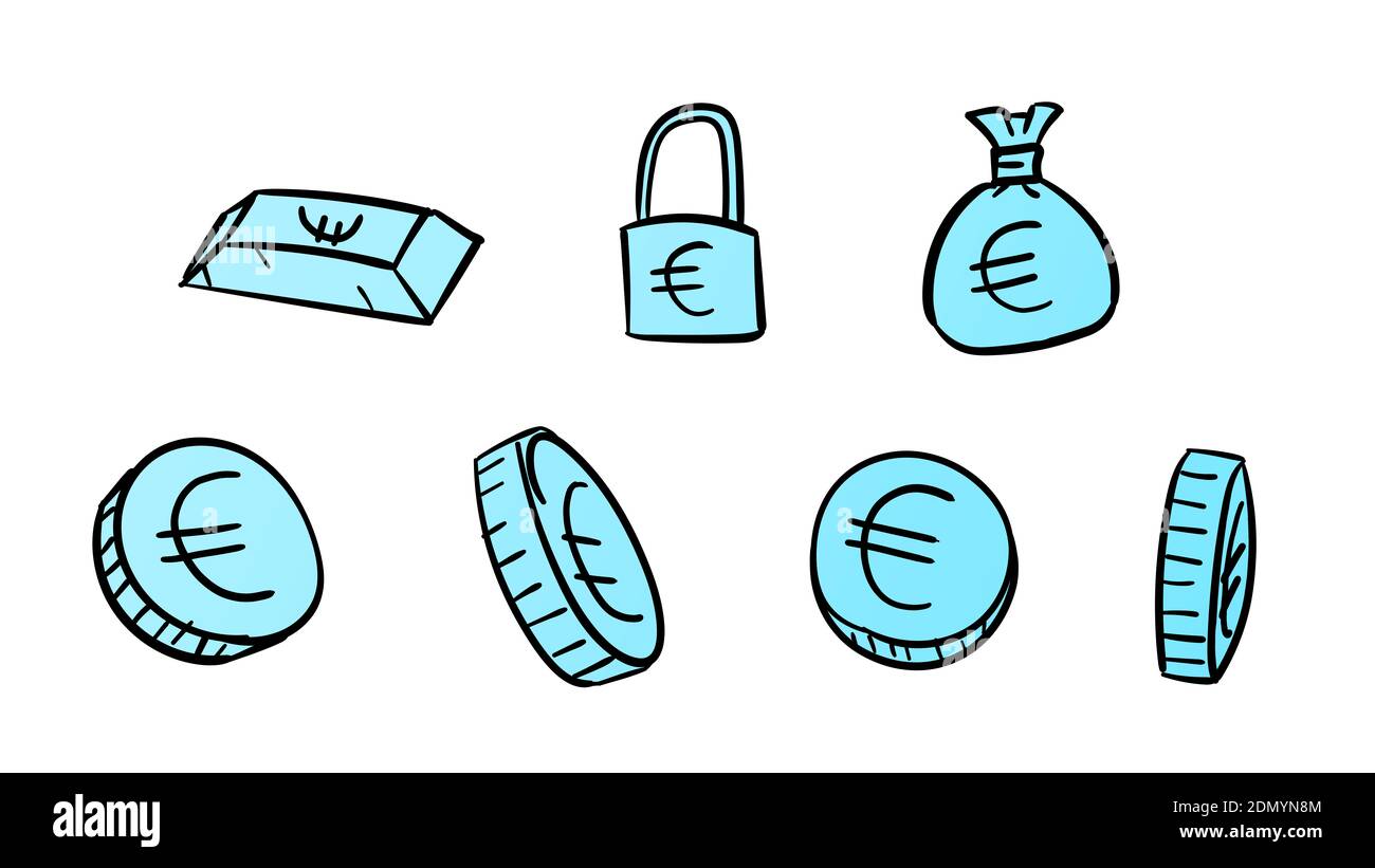 Simboli dell'euro per il business azzurro disegnati a mano. illustrazione dei soldi 2d con stile di disegno doodle Foto Stock