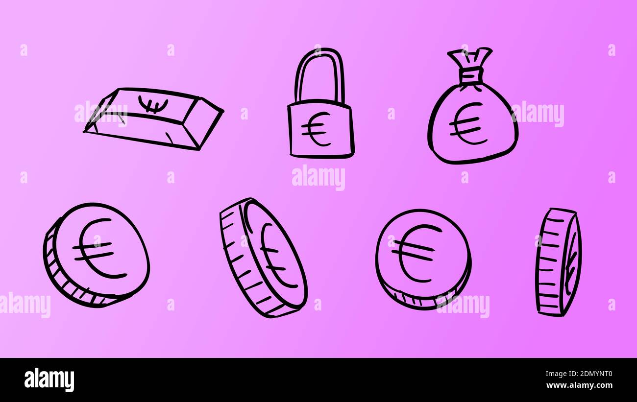 Simboli dell'euro di affari viola disegnati a mano. illustrazione dei soldi 2d con stile di disegno doodle Foto Stock