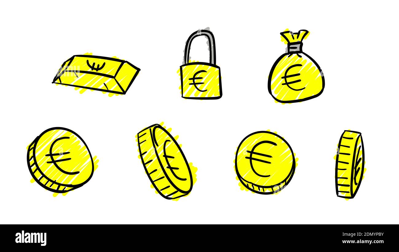Simboli gialli dell'euro per le aziende disegnati a mano. illustrazione dei soldi 2d con stile di disegno doodle Foto Stock
