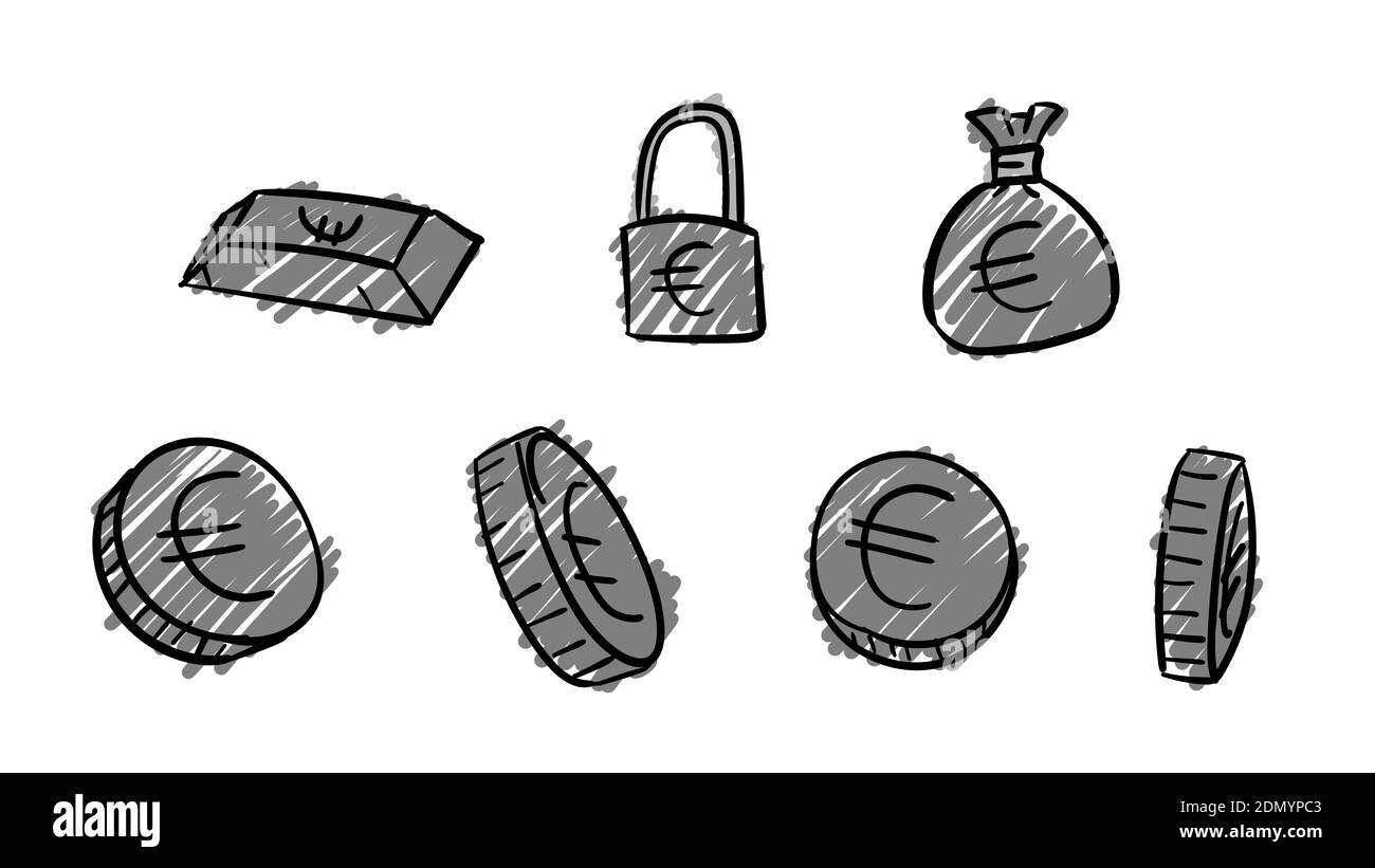 Simboli dell'euro di affari grigi disegnati a mano. illustrazione dei soldi 2d con stile di disegno doodle Foto Stock