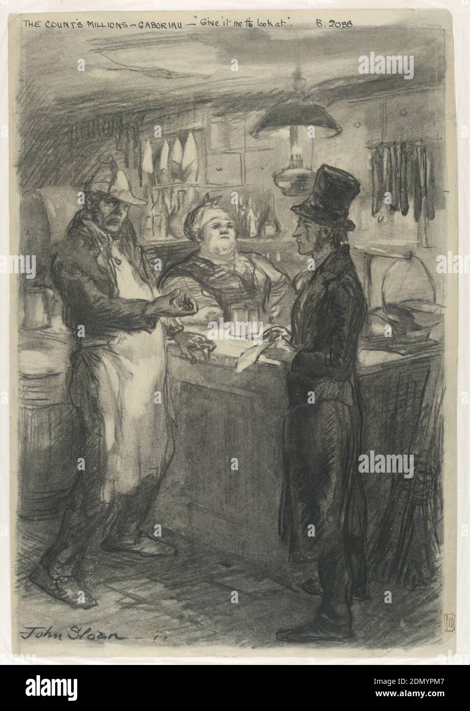 Qual è questa fattura? Dammi a guardare.', John French Sloan, American, 1871 – 1951, Charcoal, pennello e lavaggio grigio su carta wove, una figura maschile in un camice e cappello si trova a destra. È interrogato da una figura maschile che indossa un grembiule bianco a sinistra. Una figura femminile che indossa un fazzoletto si trova dietro un bancone. L'ambientazione è un piccolo negozio di articoli a secco o alimentari., USA, 1911, graphic design, Drawing Foto Stock