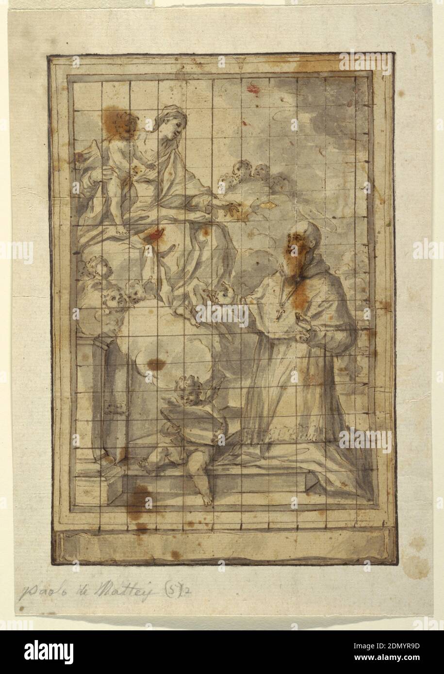 Vergine e bambino in gloria, Paolo de Matthis, italiano, 1662 - 1728, penna e inchiostro marrone, lavaggio grigio, squadrato in inchiostro marrone, deposto, in alto a sinistra, Vergine e bambino circondato da putti raggiungere per benedire donatore inginocchiato in basso a destra., Italia, Italia, ca. 1600–1700, figure, disegno Foto Stock