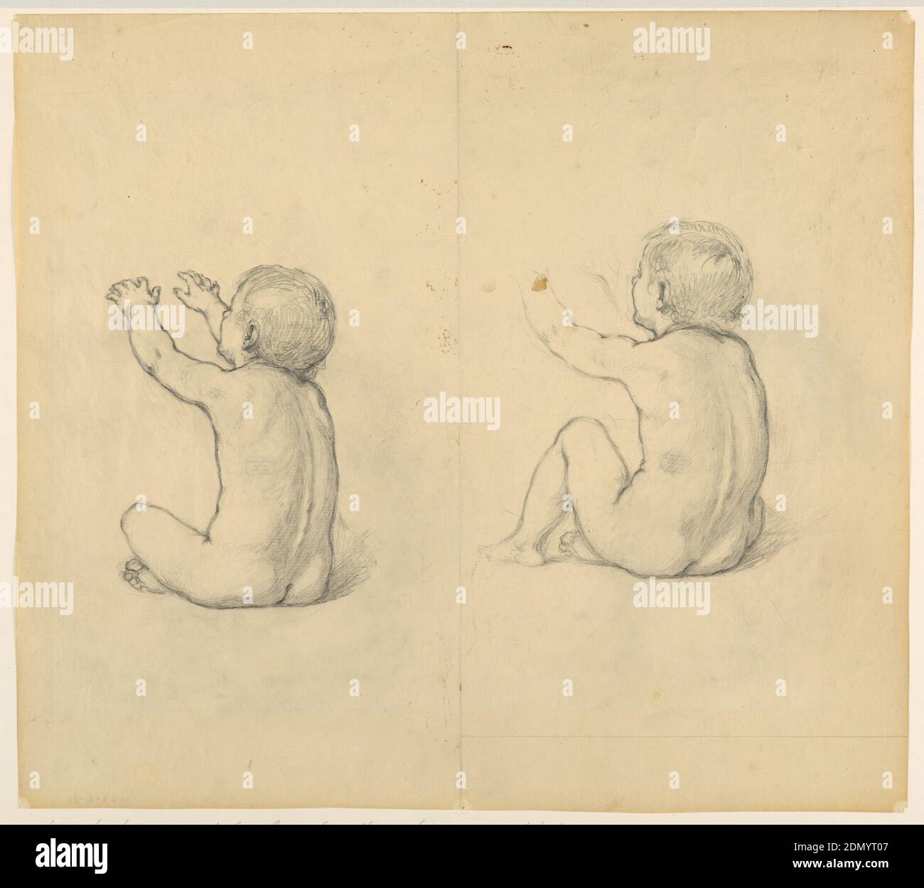 Studio per 'la Beneficienza della Legge,' Essex County Courthouse, Newark, NJ, Kenyon Cox, americano, 1856–1919, grafite su carta, due schizzi di una giovane figura maschile seduto con le braccia sollevate., USA, 1907, figure, disegno Foto Stock