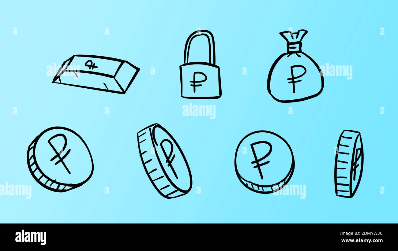 Simboli rubli azzurdi affari disegnati a mano. illustrazione dei soldi 2d con stile di disegno doodle Foto Stock