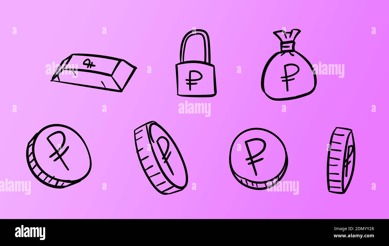 Simboli di ruble business viola disegnati a mano. illustrazione dei soldi 2d con stile di disegno doodle Foto Stock