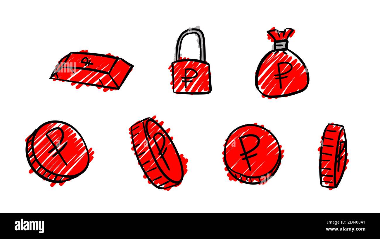 Simboli di ruble business rossi disegnati a mano. illustrazione dei soldi 2d con stile di disegno doodle Foto Stock