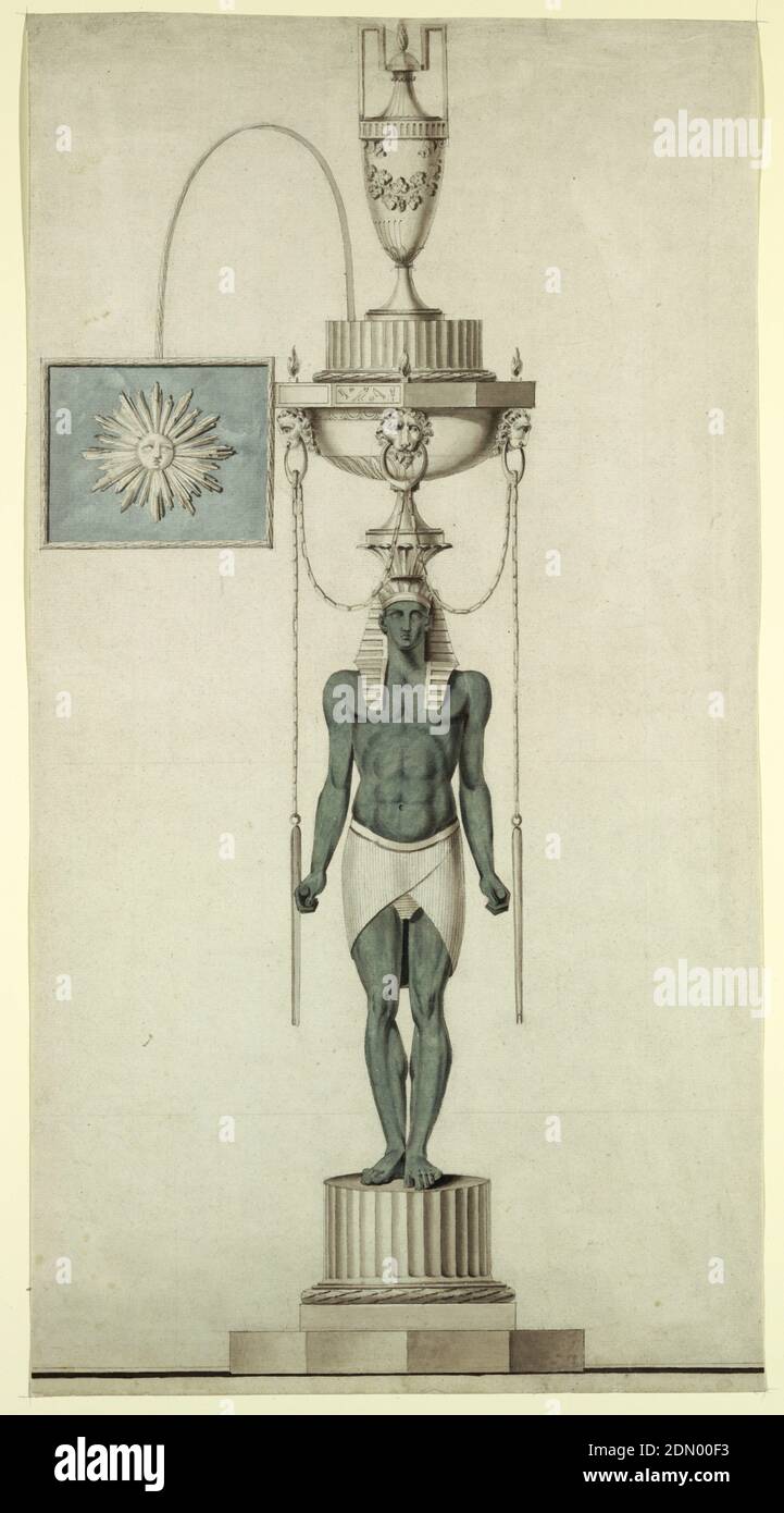 Design per lampada ad olio, Giovacchino belli, 1756 - 1822, penna e inchiostro nero, pennello e grigio, verde, lavaggio blu, grafite su carta, rettangolo verticale. Progettazione di una lampada a combustione d'olio con suggerimenti alternativi. Una giovane figura maschile egiziana si trova su un breve pezzo di una colonna scanalata. Porta sulla testa una ciotola, contenente l'olio. Su di esso si erge un vaso, al quale è fissata l'ombra dell'occhio, che è decorata con un sole. Due aghi vibranti appendono ad una catena, che pende attraverso gli anelli di tre maschere leoni al corpo della ciotola. Foto Stock