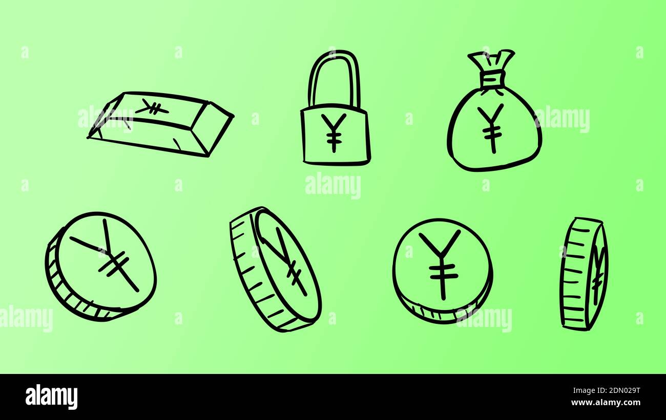 Simboli Yen di affari verdi disegnati a mano. illustrazione dei soldi 2d con stile di disegno doodle Foto Stock