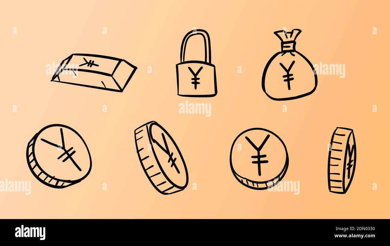 Simboli Yen aziendali arancioni disegnati a mano. illustrazione dei soldi 2d con stile di disegno doodle Foto Stock