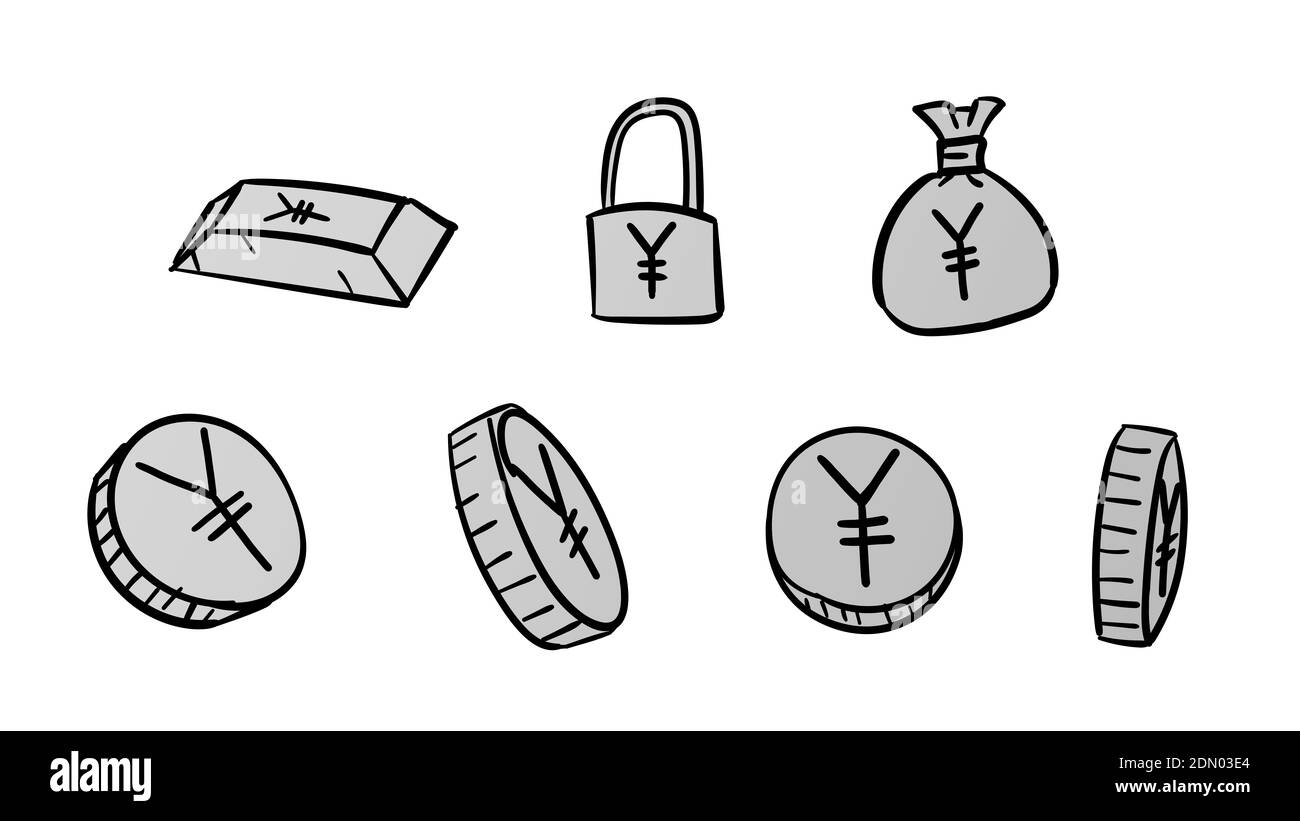 Simboli Yen di affari grigi disegnati a mano. illustrazione dei soldi 2d con stile di disegno doodle Foto Stock