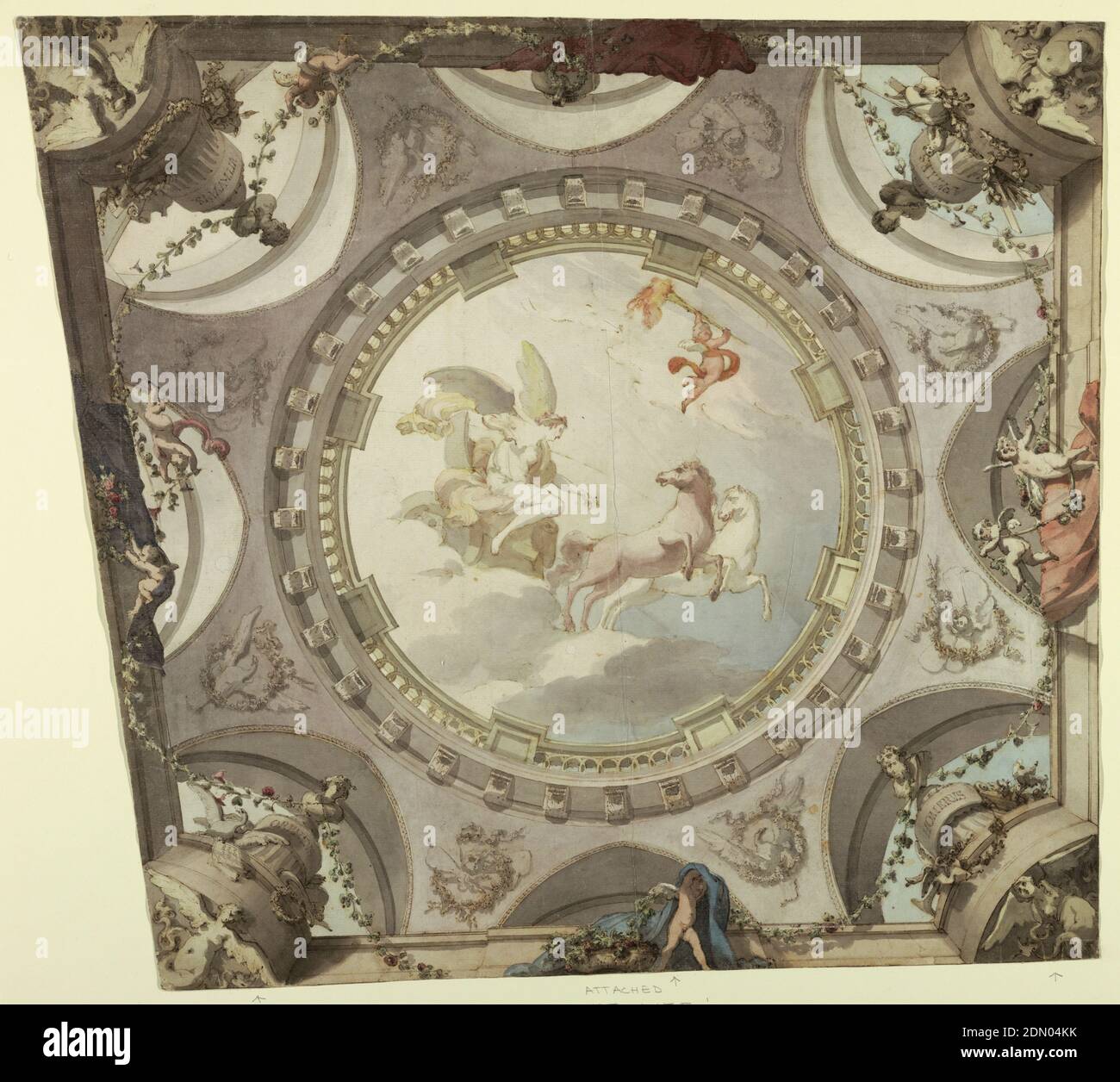 Disegno per un soffitto dipinto di forma irregolare: Aurora, Flaminio Innocenzi Minozzi, Italiano, 1735 – 1817, penna e inchiostro marrone e nero, pennello e acquerello, gesso nero su carta, disegno per un soffitto dipinto, visto direttamente dal basso. La decorazione circolare centrale mostra Aurora (una figura alata che cavalca in un carro trainato da due cavalli; un putto con una torcia ardente vola di fronte a lei). La scena è collocata all'interno di un tromp l'oeil struttura architettonica. Ad ogni angolo, una lunetta illusiva con un arco appuntito contiene un busto su un piedistallo: Orfeo per la musica, Omero per la Poesia, Apelles Foto Stock