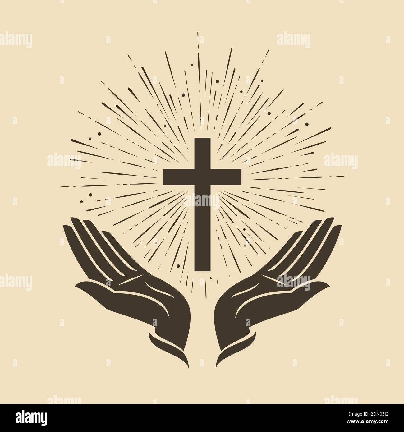 Croce incandescente con le mani simbolo. Vettore del logo della Chiesa Illustrazione Vettoriale