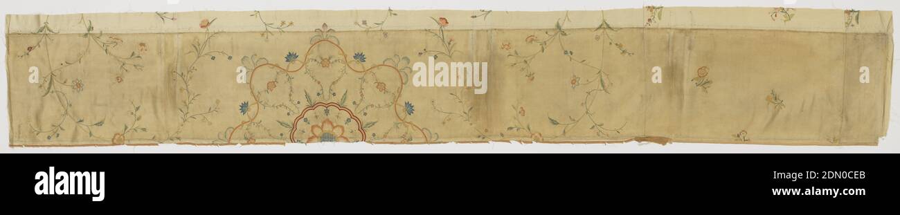 Panel Fragment, Medium: Silk Technique: Ricamato su raso, frammento dal centro del pannello in raso di seta color avorio ricamato in sete policromi a formare un medaglione centrale di fiori di grandi dimensioni incorniciati da nastri e viti da fiore in un campo di viti da meandro., Cina, XVIII secolo, ricamo & cucendo, frammento di pannello Foto Stock