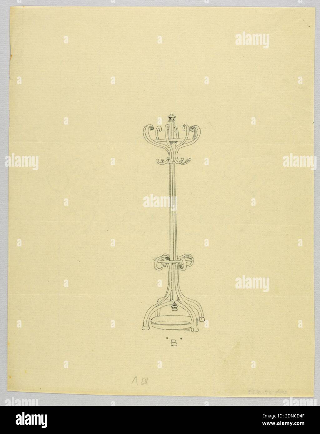 Design per Hat Tree "B" con vassoio antigoccia, A.N. Davenport Co., grafite su carta sottile crema, 1900–05, mobili, disegno Foto Stock
