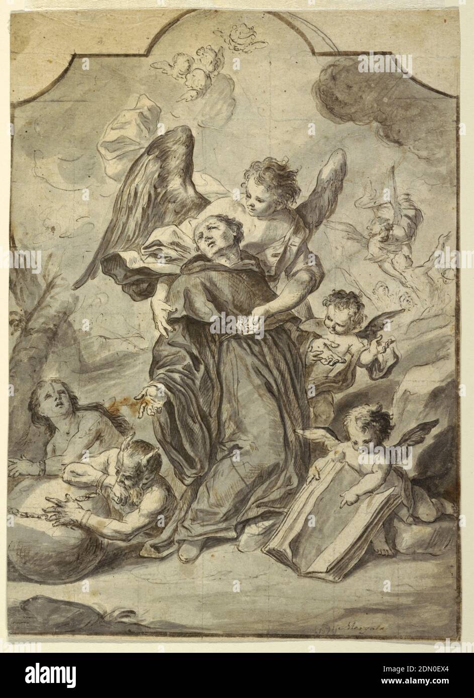 Visione del monaco benedettino sinuato, Francesco Saverio Mergolo, 1746–1786, pennello e inchiostro marrone con lavaggio grigio; verso: Penna e inchiostro marrone con gesso nero su carta depennata biancastra, recto: Composizione verticale incorniciata da una linea spessa di penna e inchiostro nero a forma di lapide con angoli concavi. In figura è raffigurato un angelo che sostiene il santo collassante. Uno punta a un libro aperto in primo piano a destra. In primo piano a sinistra sono le parti superiori di un demone e di una donna incatenata ad un muro di pietra. Sullo sfondo a destra c'è il Purgatorio, con un angelo che libera un'anima. Foto Stock