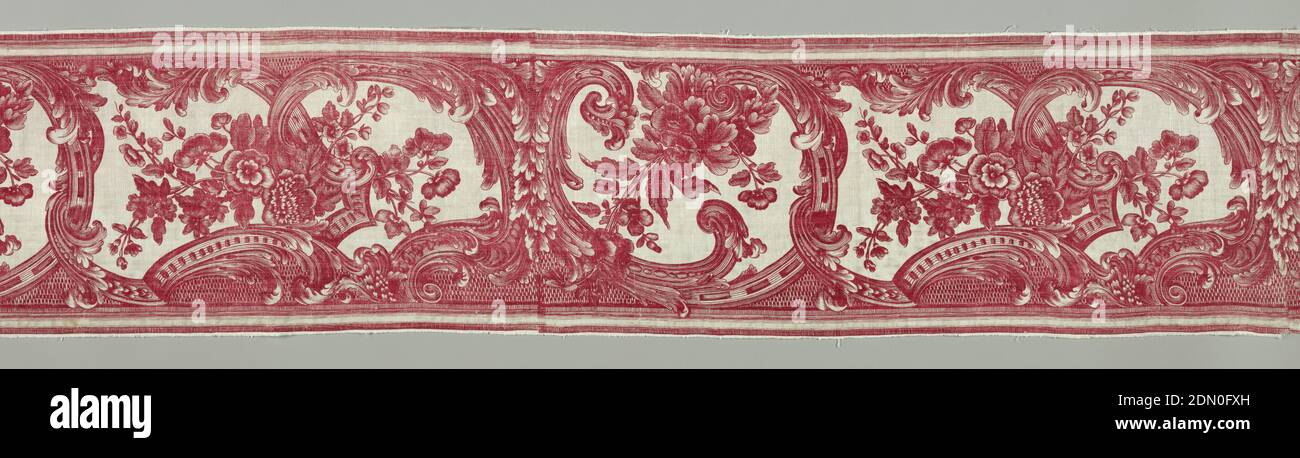 Border, Bromley Hall, (Middlesex, Inghilterra, 1712–1763), mezzo: Cotone tecnica: Stampato con placca incisa su tela, bordo orizzontale di cotone bianco stampato in rosso. Rotto scroll design del carattere rococo che forma cornici irregolari per grappoli di fiori., Inghilterra, ca. 1760, tessuti stampati, tinti e verniciati, bordo Foto Stock